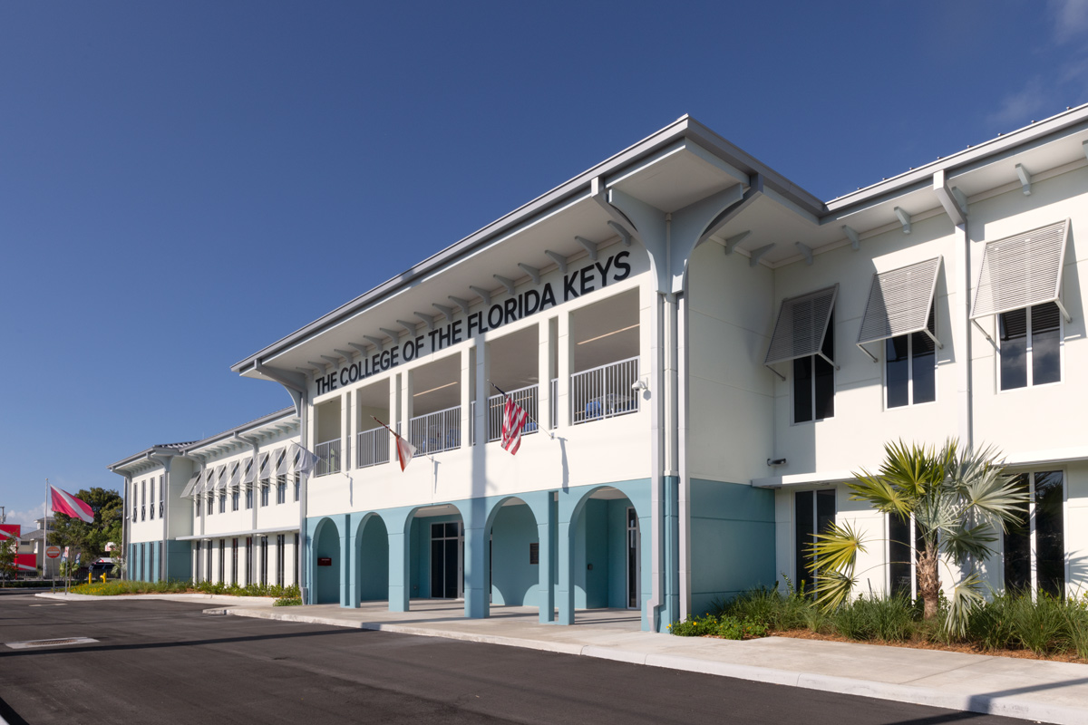 Architectural entrance view of the College of the Florida Keys in Key Largo, FL.